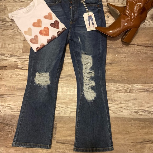 RE Generation High Rise Cropped Flare “Flower” Distressed Jeans, Dark Denim, - Picture 5 of 16